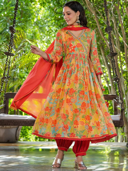 Floral Printed Angrakha Thread Work V-Neck Anarkali Kurta With Trousers & Dupatta 