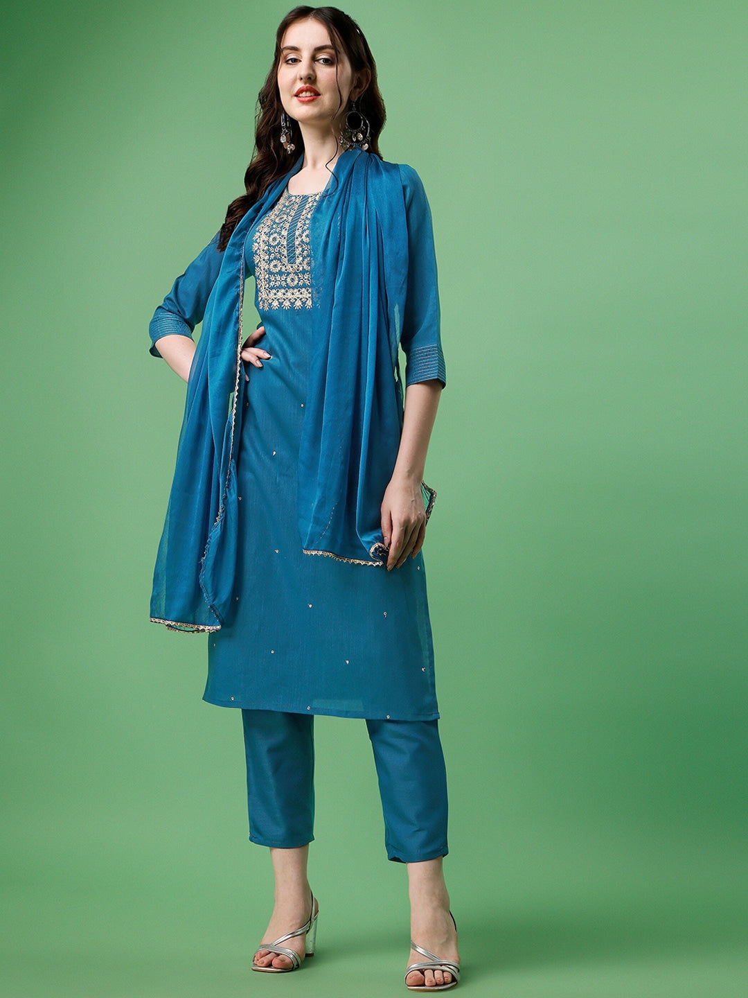 Blue Cotton Round Neck Embroidered Kurta Set 