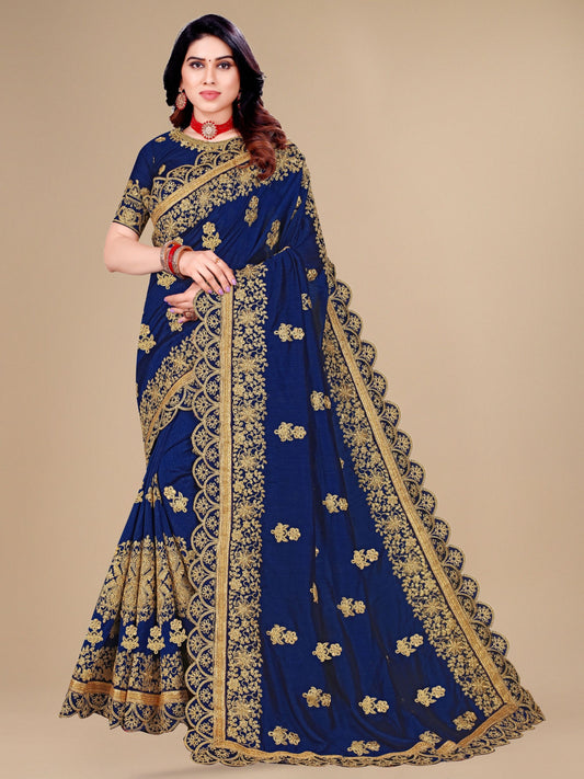 Blue Vichitra Silk Embroidery Saree For Women 