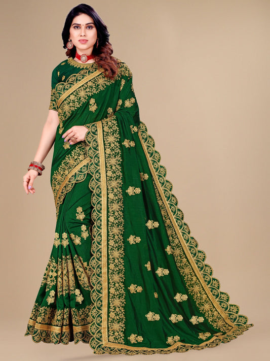 Green Vichitra Silk Embroidery Saree For Women 