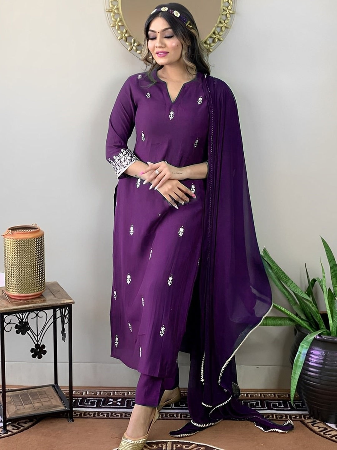 Purple Rayon Cotton Embroidered Kurta Set 