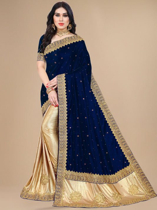 Blue Velvet & Silk Embroidered Stone Work Half-Half Saree for Women 