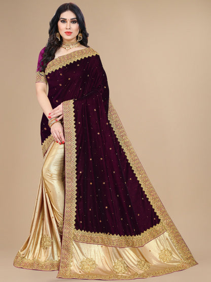 Purple Velvet & Silk Embroidered Stone Work Half-Half Saree for Women 