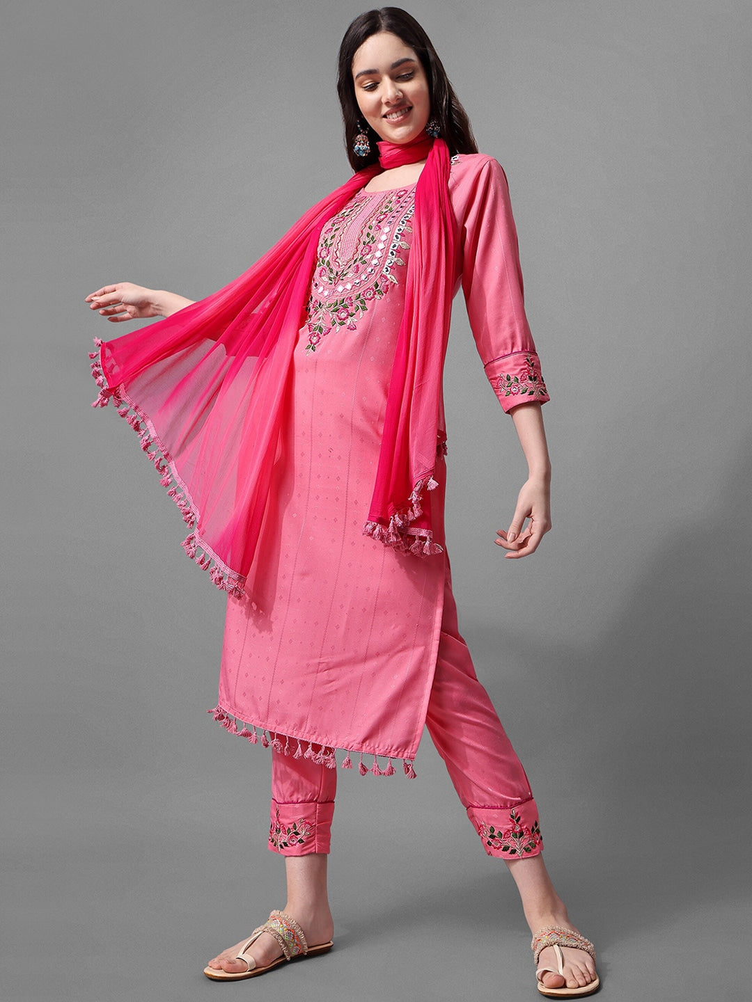 Pink Cotton Embroidered Mirror Work Kurta Set 