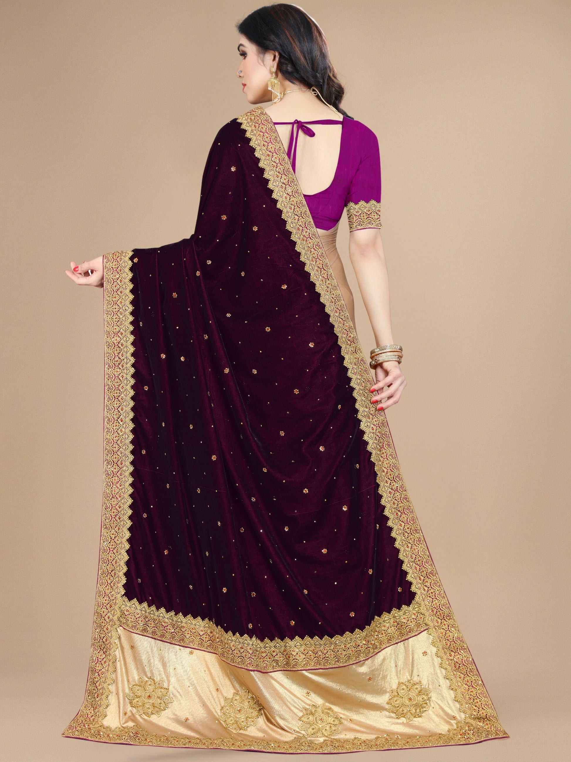 Purple Velvet & Silk Embroidered Stone Work Half-Half Saree for Women 