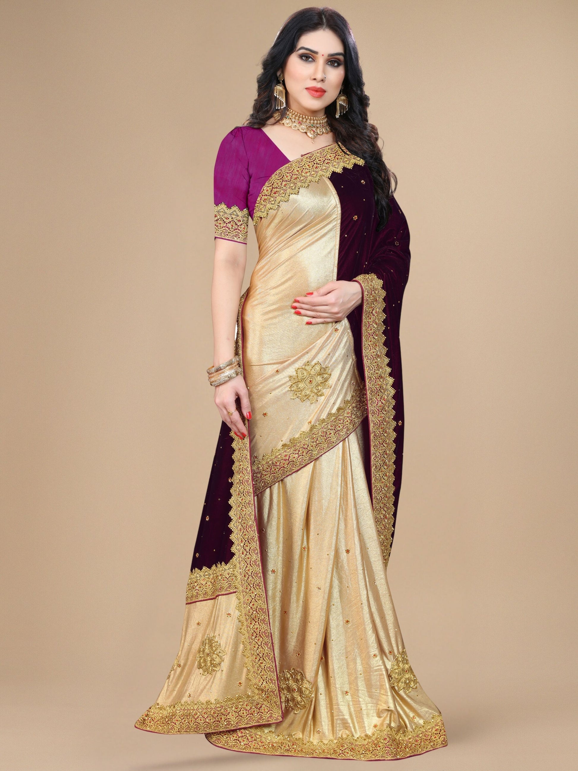 Purple Velvet & Silk Embroidered Stone Work Half-Half Saree for Women 