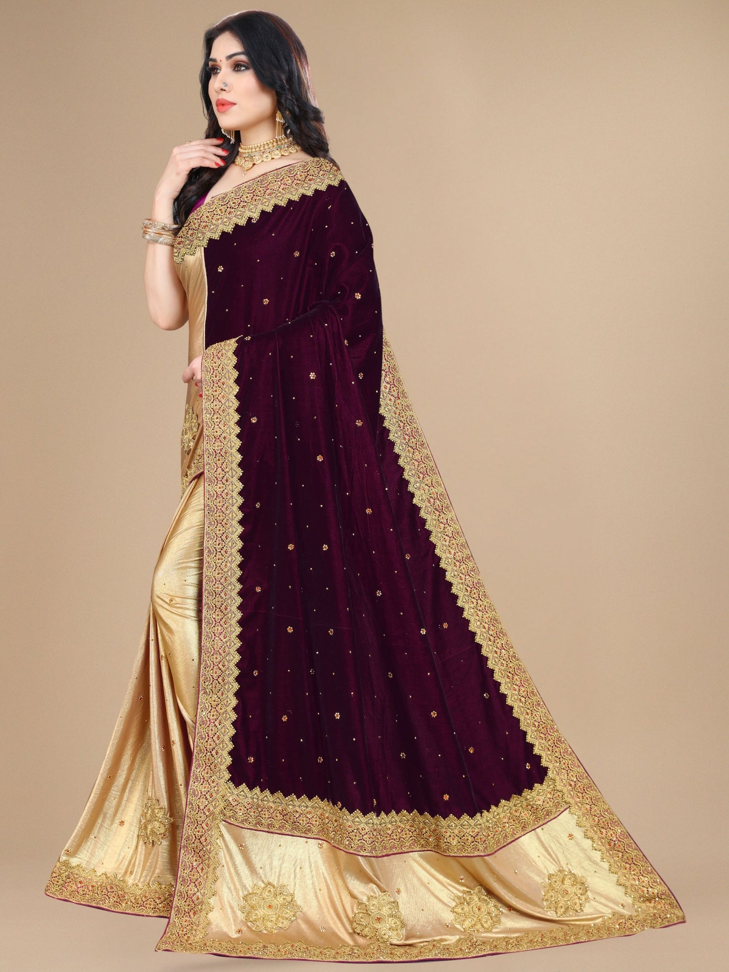 Purple Velvet & Silk Embroidered Stone Work Half-Half Saree for Women 