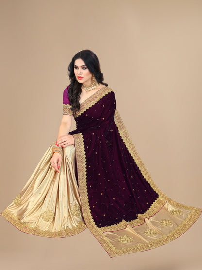 Purple Velvet & Silk Embroidered Stone Work Half-Half Saree for Women 