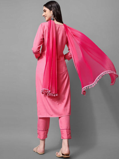 Pink Cotton Embroidered Mirror Work Kurta Set 