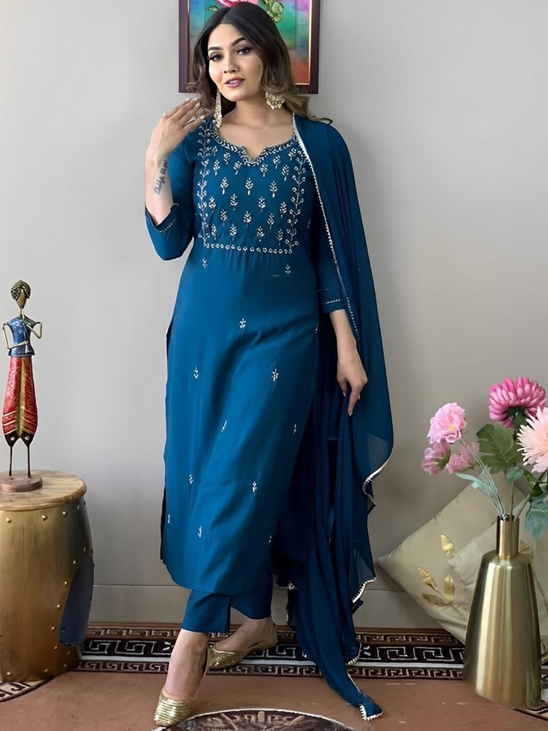 Rama Blue Rayon Cotton Embroidered Work Straight Kurta Set 