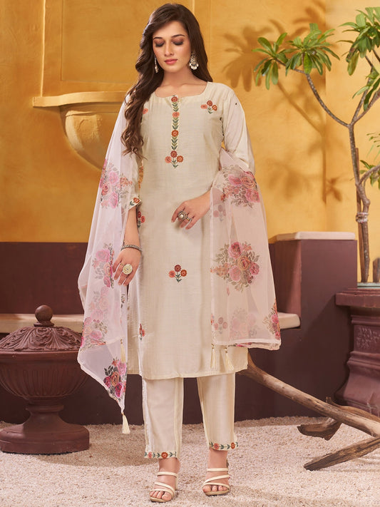 Cream Rayon Cotton Embroidered Kurta Set 