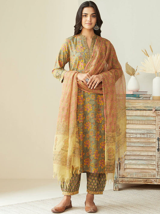 Floral Printed Pure Cotton Kurta with Salwar & With Dupatta 