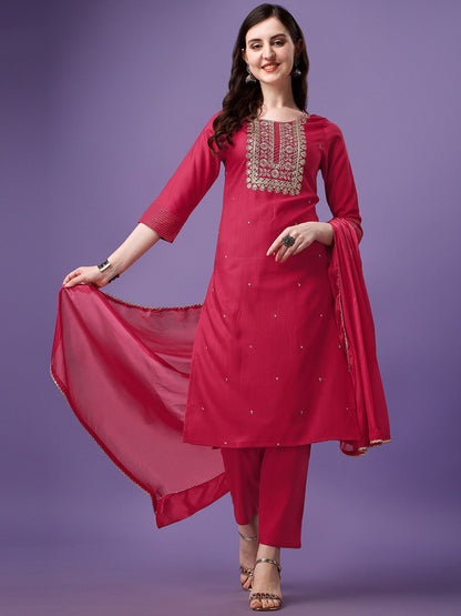 Red Cotton Embroidered Straight Kurta Set 