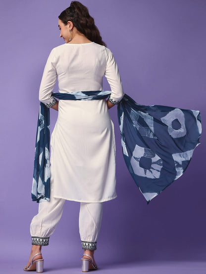 White and blue Round Neck Floral Embroidered Regular Thread Work Kurta & Haram With Dupatta 