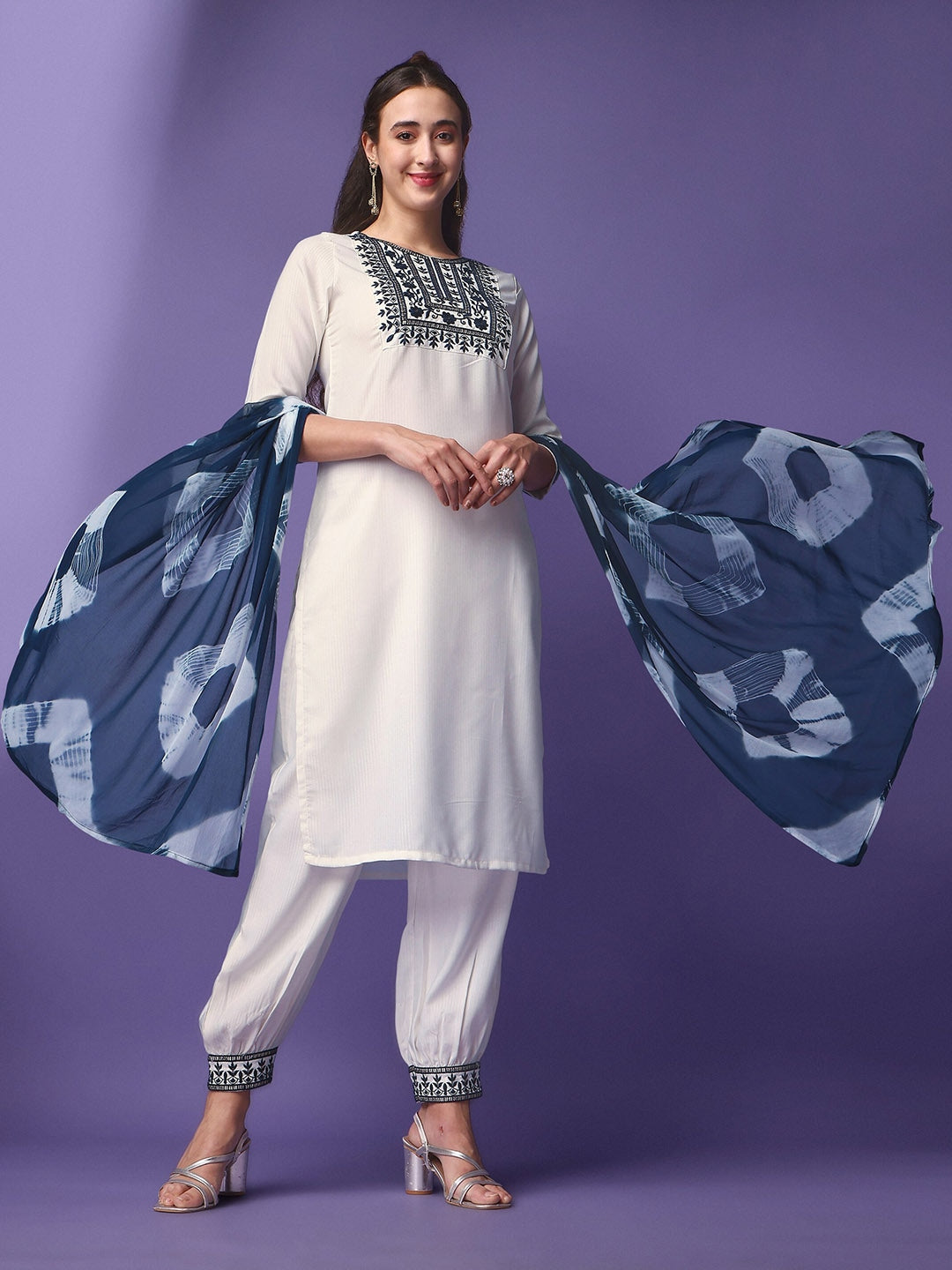 White and blue Round Neck Floral Embroidered Regular Thread Work Kurta & Haram With Dupatta 