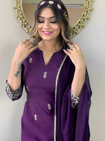 Purple Rayon Cotton Embroidered Kurta Set 