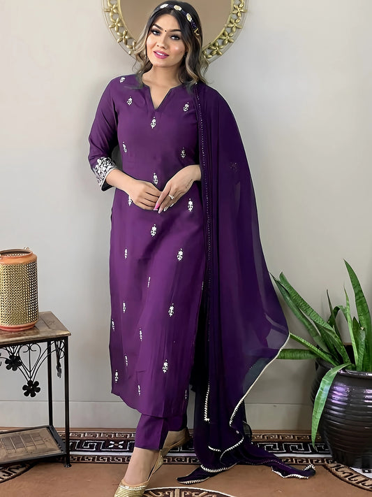 Purple Cotton Embroidered Work Kurta With Trousers & Dupatta 