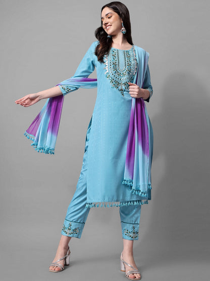 Blue Cotton Embroidered Mirror Work Kurta Set 