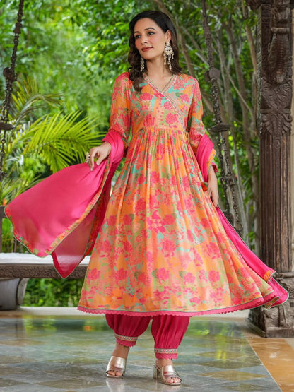 Orange Cotton Floral Printed V-Neck Angrakha Anarkali Kurta With Trousers & Dupatta 