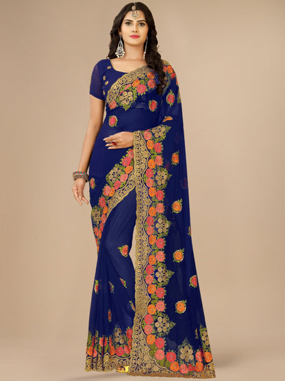 Blue Georgette Embroidery With Stone Work Saree For Women 