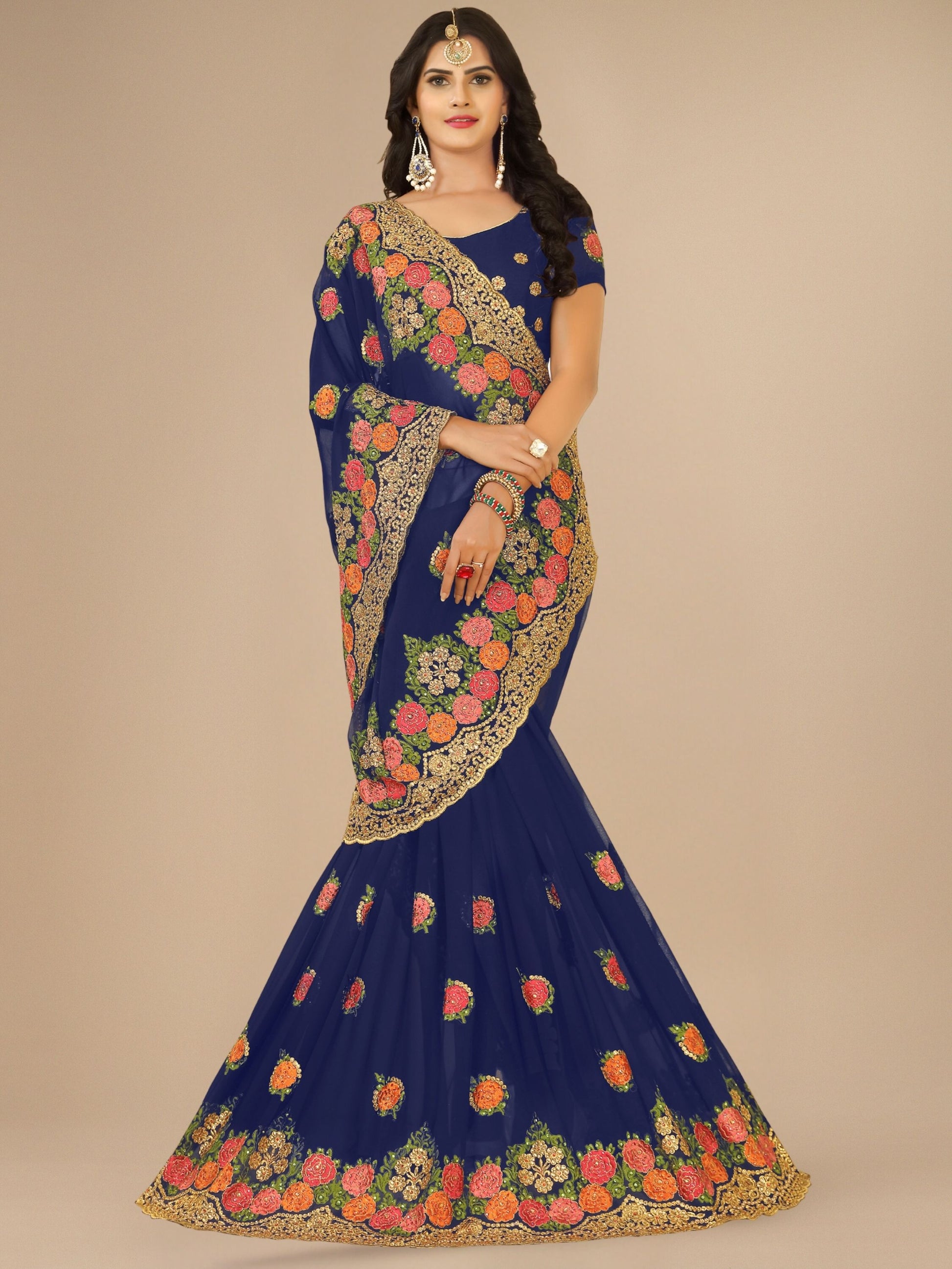 Blue Georgette Embroidery With Stone Work Saree For Women 