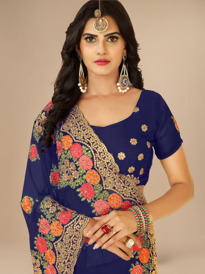 Blue Georgette Embroidery With Stone Work Saree For Women 