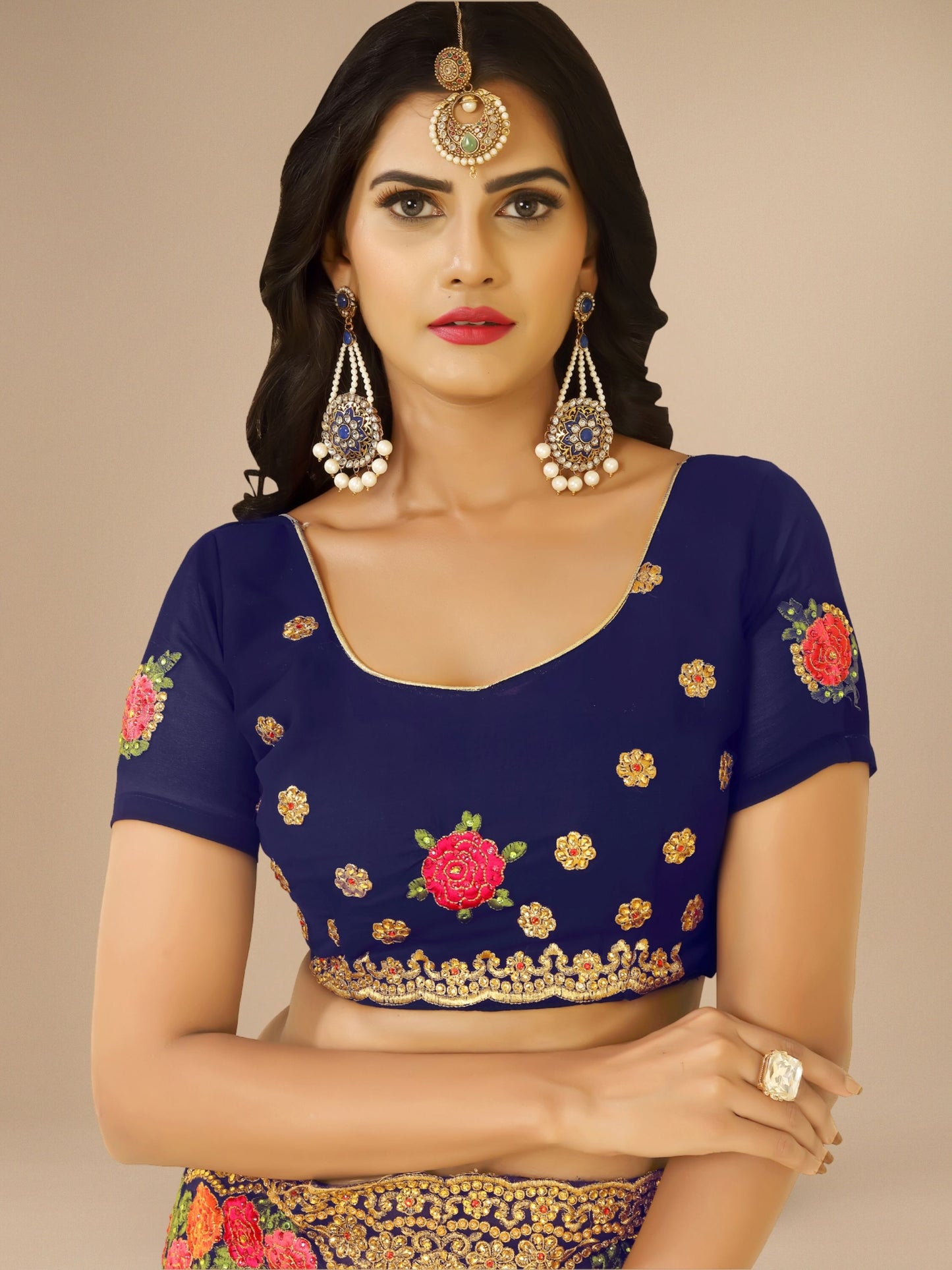 Blue Georgette Embroidery With Stone Work Saree For Women 