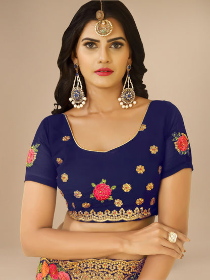 Blue Georgette Embroidery With Stone Work Saree For Women 