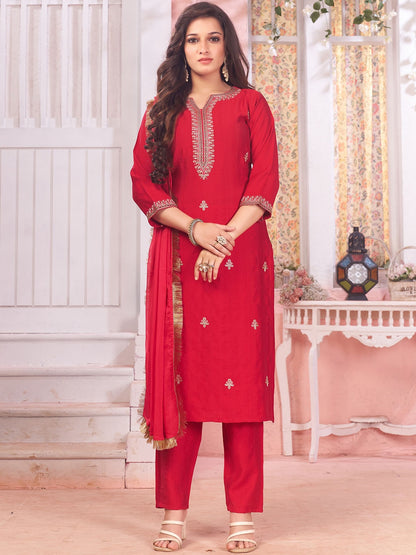 Red Cotton Floral Embroidered Sequinned Kurta Set 