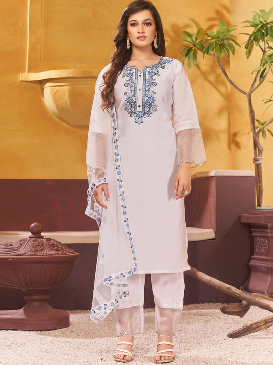 White Chanderi Silk Embroidery Work Kurta Set 