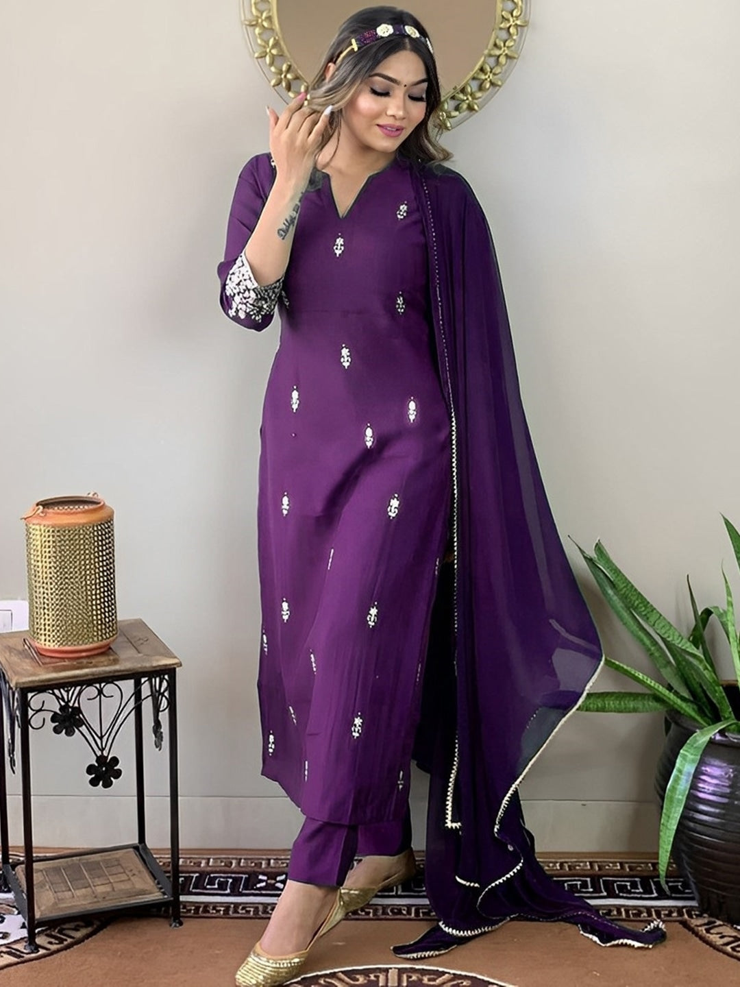 Purple Rayon Cotton Embroidered Kurta Set 