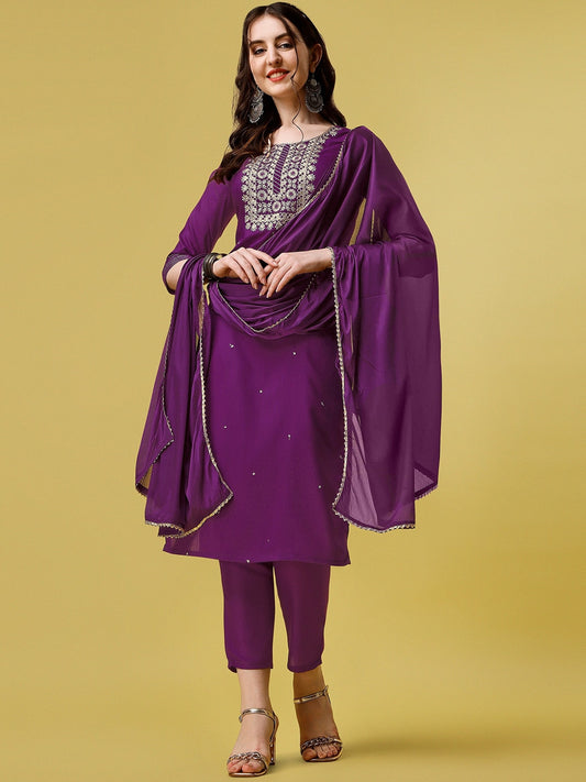 Purple Cotton Embroidered Regular Straight Kurta Set 