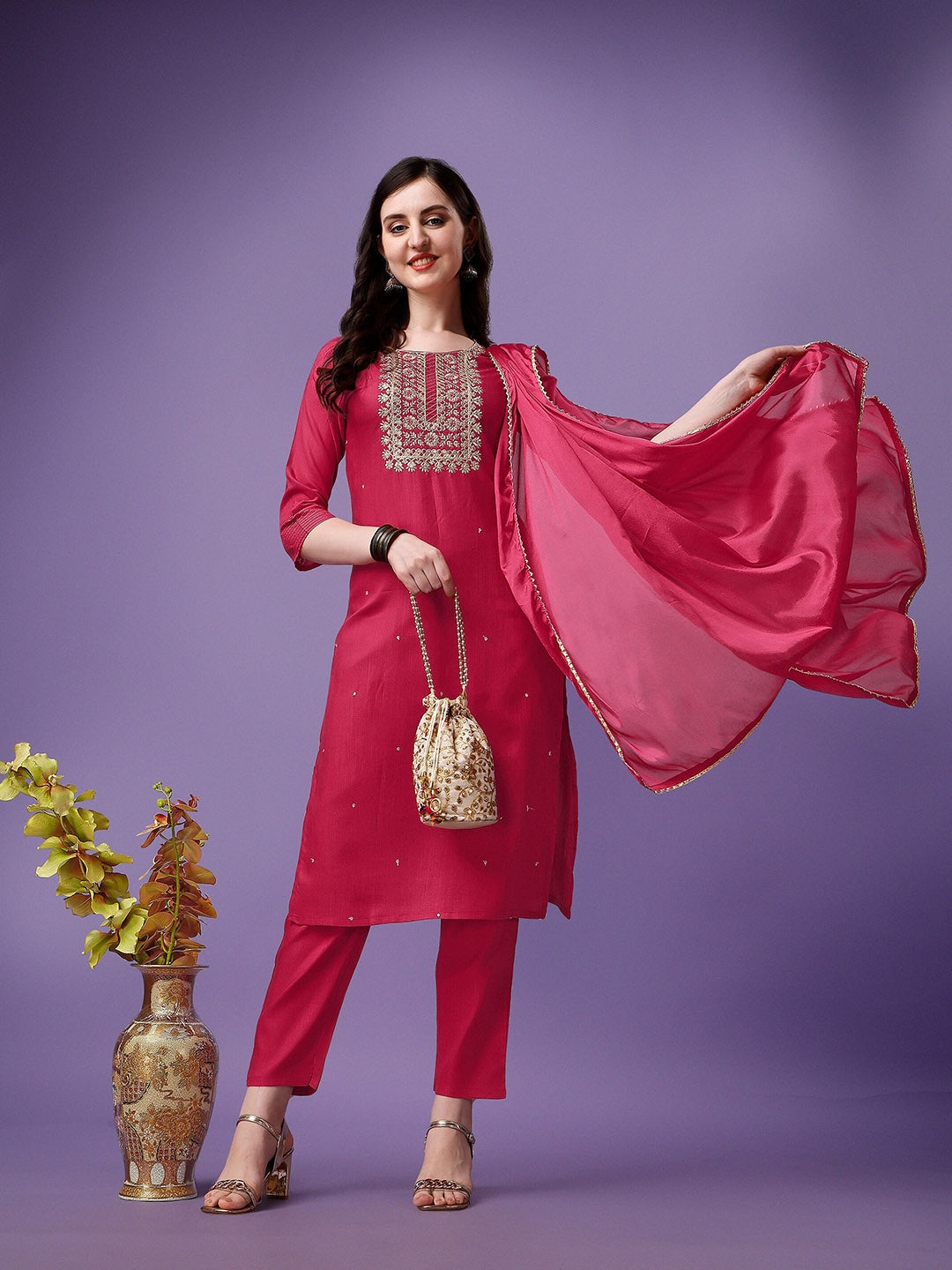 Red Cotton Embroidered Straight Kurta Set 