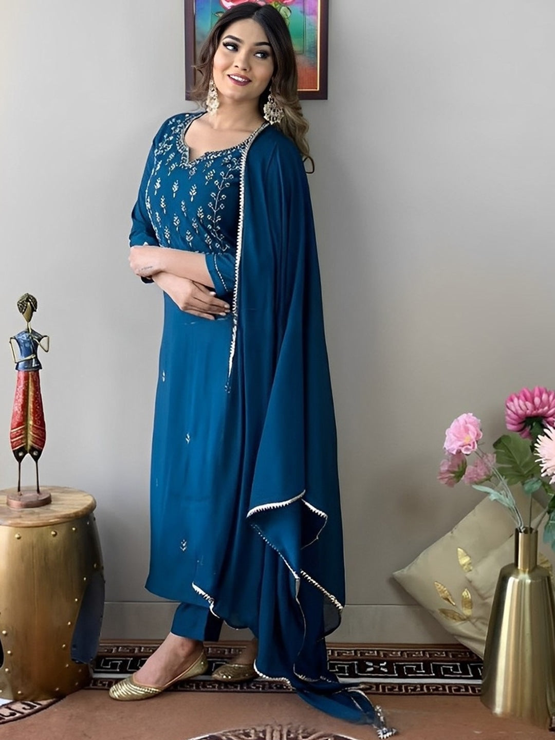 Rama Blue Rayon Cotton Embroidered Work Straight Kurta Set 