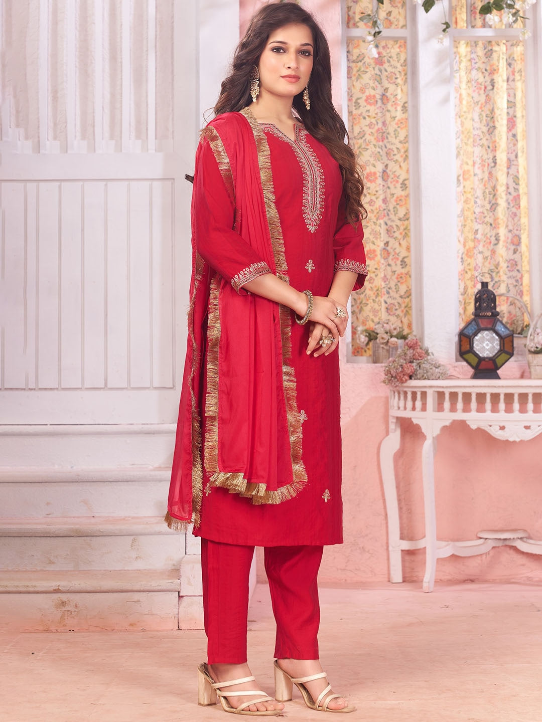 Red Cotton Floral Embroidered Sequinned Kurta Set 