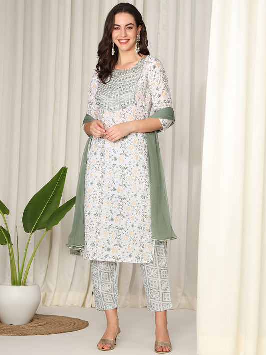 White Floral Printed Thread Work Pure Cotton Kurta Set 