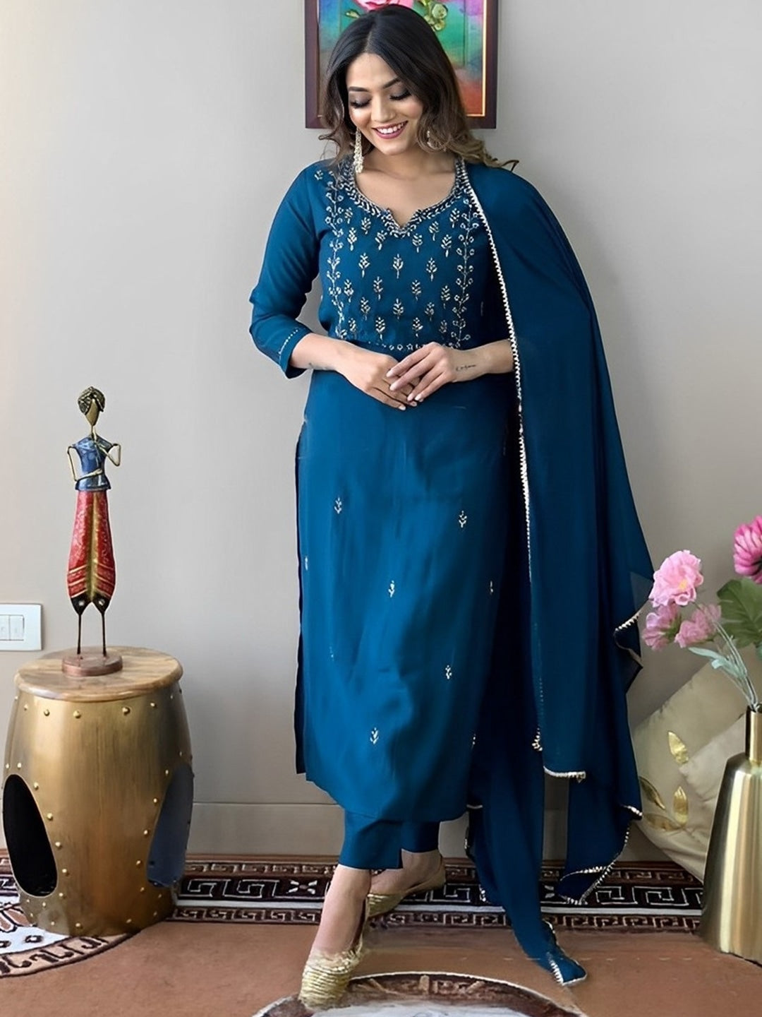 Rama Blue Rayon Cotton Embroidered Work Straight Kurta Set 