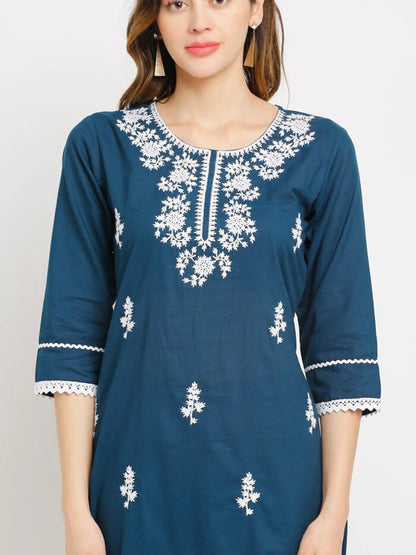 Rama Blue Cotton Embroidered Thread Work Kurta Set 