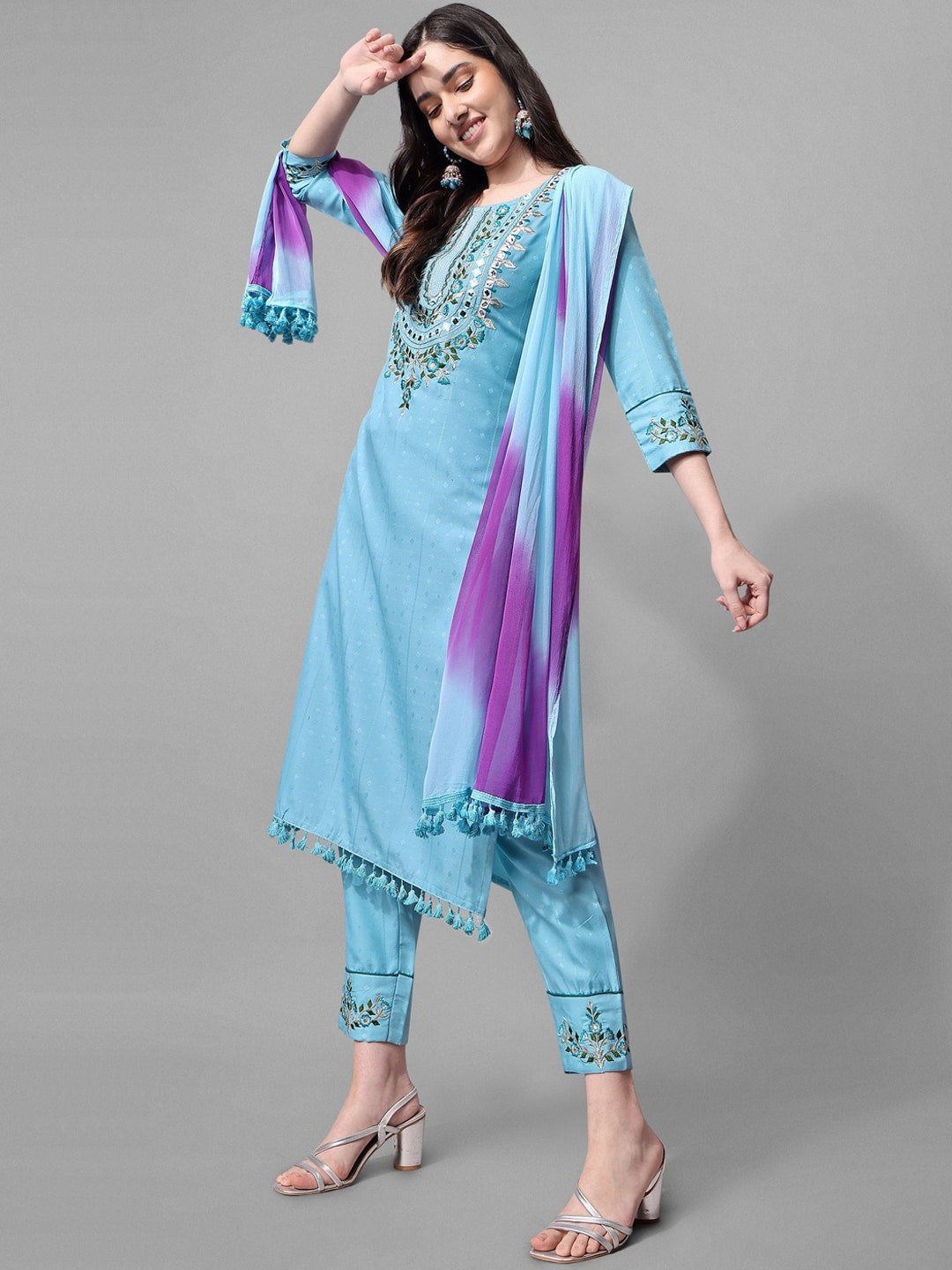 Blue Cotton Embroidered Mirror Work Kurta Set 