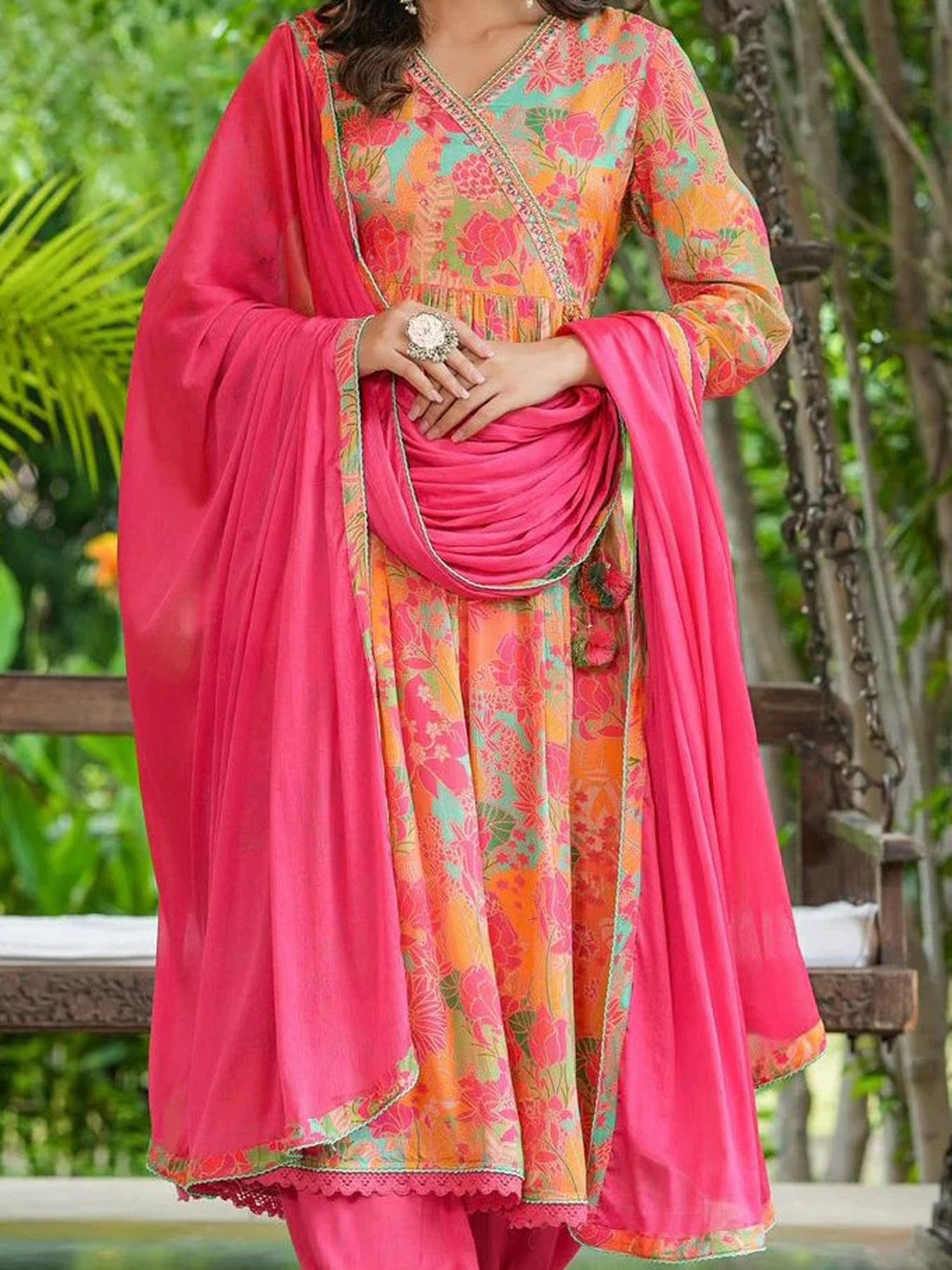 Orange Cotton Floral Printed V-Neck Angrakha Anarkali Kurta With Trousers & Dupatta 