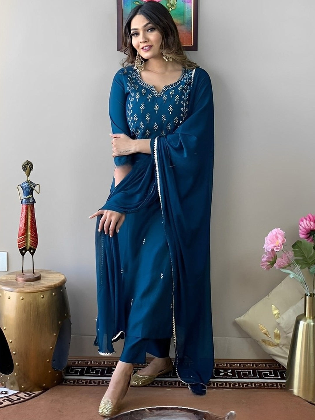 Rama Blue Rayon Cotton Embroidered Work Straight Kurta Set 