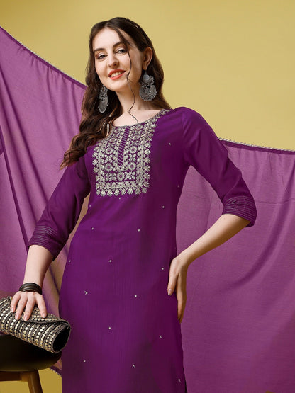 Purple Cotton Embroidered Regular Straight Kurta Set 