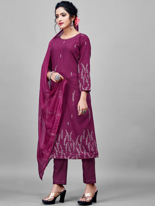 Purple Rayon Cotton Embroidered Sequined Kurta Set 