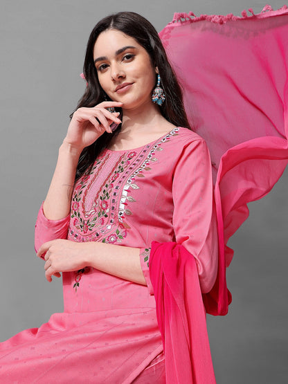 Pink Cotton Embroidered Mirror Work Kurta Set 