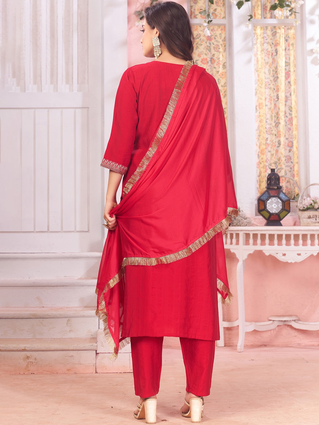 Red Cotton Floral Embroidered Sequinned Kurta Set 