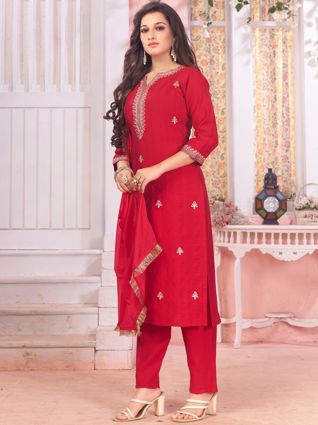 Red Cotton Floral Embroidered Sequinned Kurta Set 