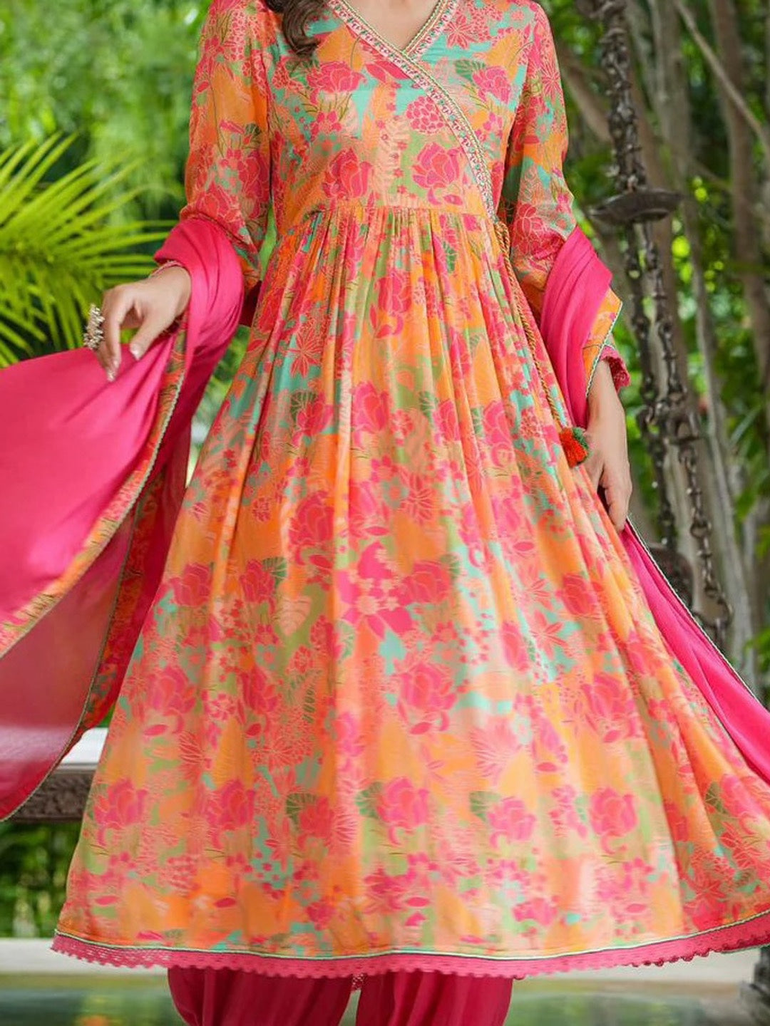 Orange Cotton Floral Printed V-Neck Angrakha Anarkali Kurta With Trousers & Dupatta 