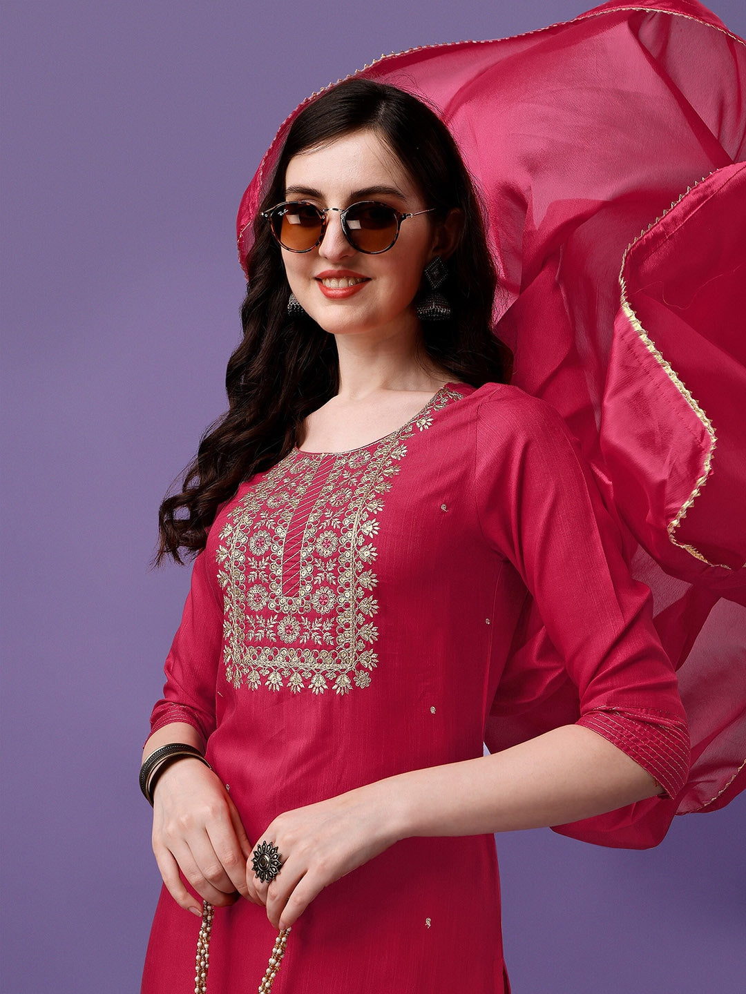 Red Cotton Embroidered Straight Kurta Set 