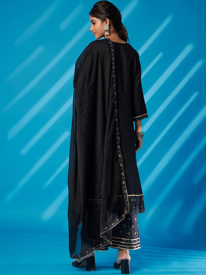 Black Floral Printed Gotta Patti A-Line Kurta With Palazzo & Dupatta 