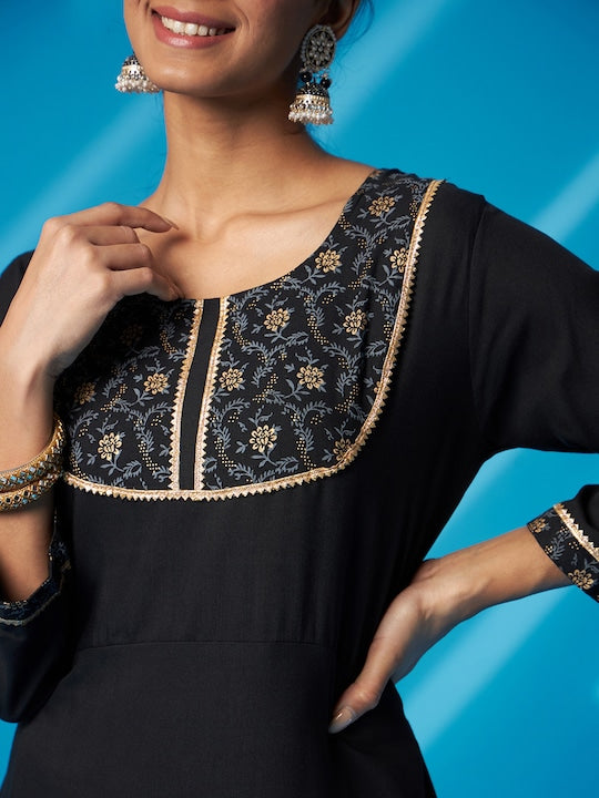 Black Floral Printed Gotta Patti A-Line Kurta With Palazzo & Dupatta 